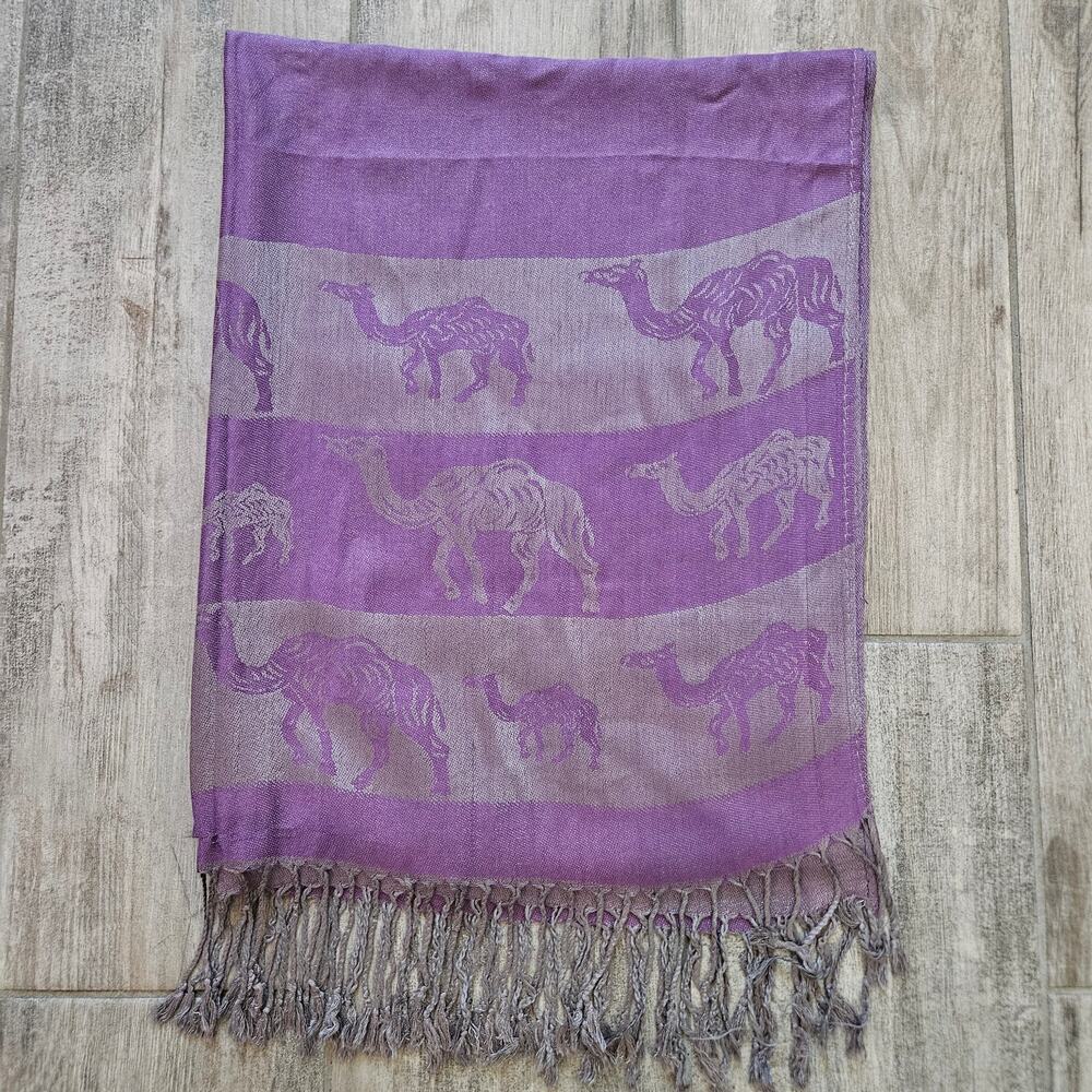 Golden Sky 100% Cashmere Scarf Purple Grey Camel Print Shawl Wrap Winter Fall - Picture 1 of 10